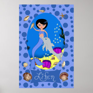Blue Mermaid und Dolphin Print Poster