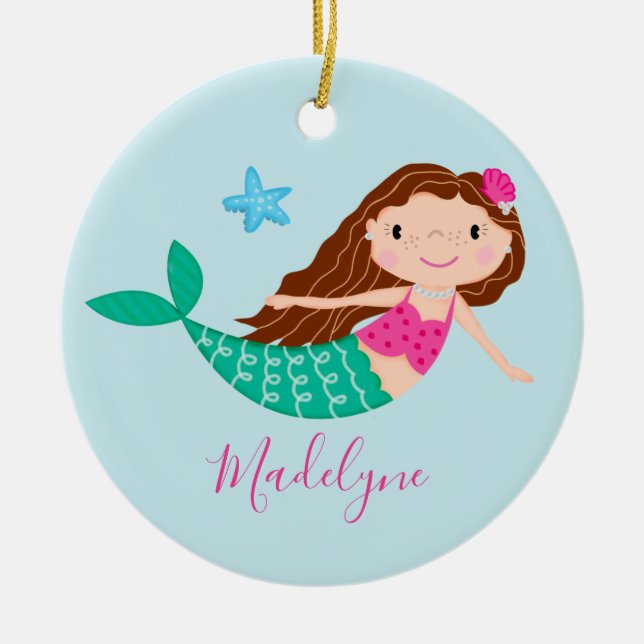 Blue Mermaid Weihnachtsschrift Name Keramik Ornament (Vorne)