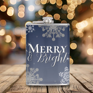 Blue Merry and Bright Snowflakes Weihnachten Flachmann