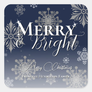 Blue Merry and Bright Snowflakes Weihnachten Quadratischer Aufkleber