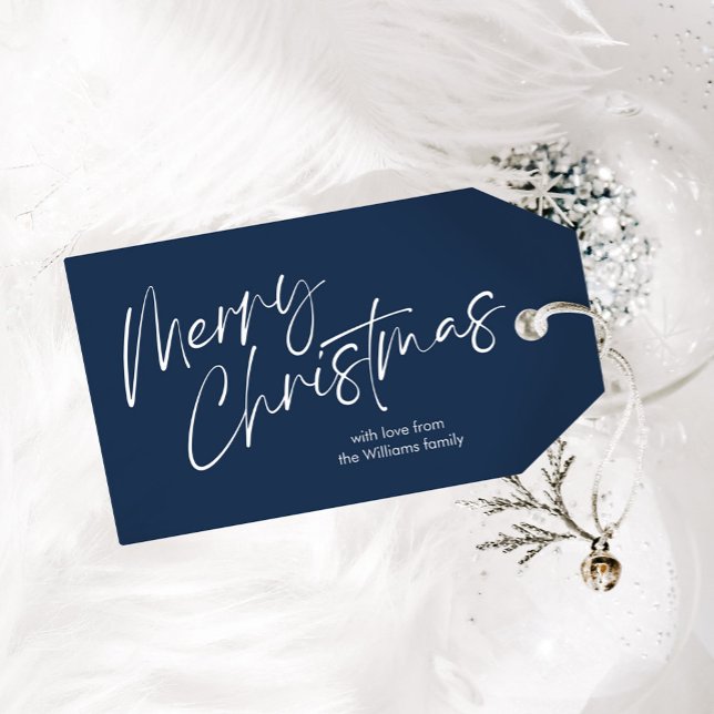 Blue Merry Christmas Calligraphy Script Geschenkanhänger (Von Creator hochgeladen)