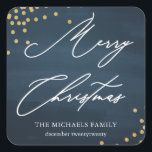 Blue Merry Christmas Elegantes Script mit Imitate  Quadratischer Aufkleber<br><div class="desc">Schöne und festliche Aquarellblau Frohe Weihnachtsaufkleber mit eleganter Kalligraphie,  weiße Schrift und Imitate Gold Konfetti.</div>