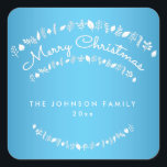 Blue Merry Christmas Square Stickers<br><div class="desc">Frohe Weihnachts-Blau-Weiß-Quadrat-Aufkleber mit veränderbarem Text</div>