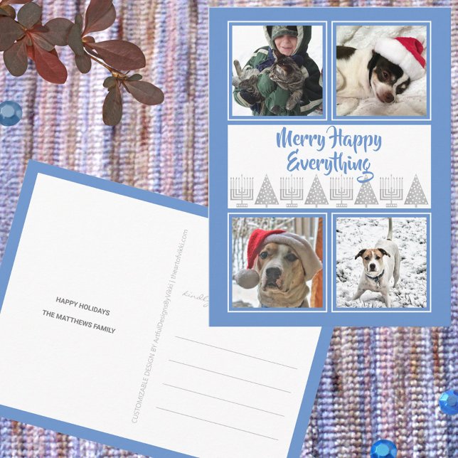Blue Merry Happy 4 Foto Hanukkah Weihnachten Postkarte (It's simple to add your photos and custom text to these Christmas and Hanukkah interfaith postcards)