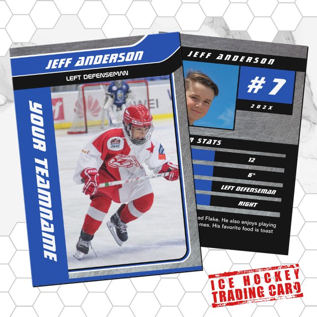 Blue Metal Ice Hockey Trading Card Telefonnummerkarte (Hockey Trading Card with custom team name and hockey player name in Blue and Black)