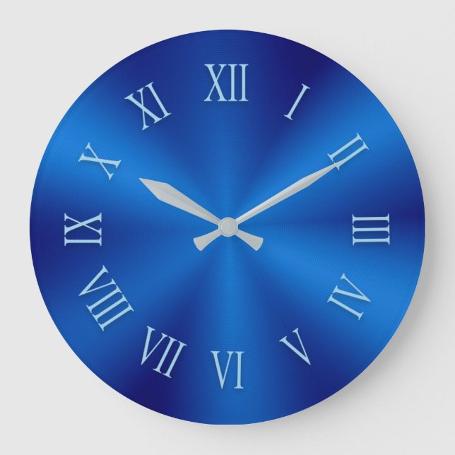 Blue Metallic Clock with Pattern Roman Numbers Große Wanduhr (Vorderseite)