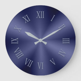 Blue Metallic Clock with Patterned Roman Numbers Große Wanduhr