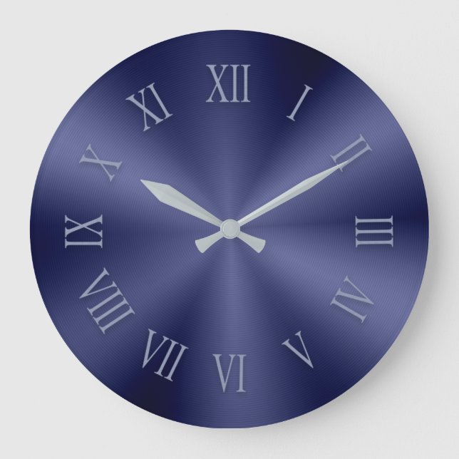 Blue Metallic Clock with Patterned Roman Numbers Große Wanduhr (Vorderseite)