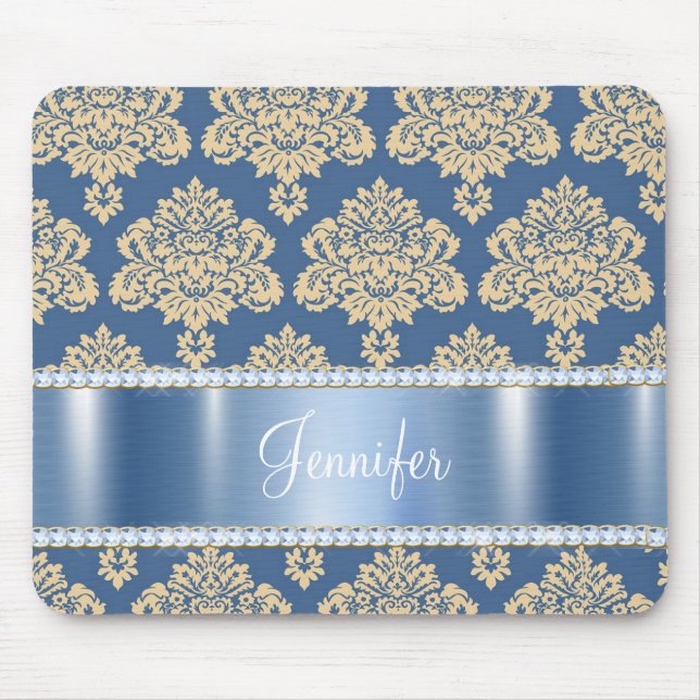 Blue Metallic Damask Rhinestones, Personalisiert Mousepad (Vorne)