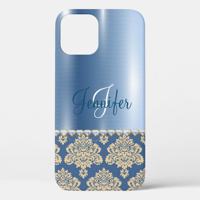Blue Metallic Damask, Satin, Personalisierter Case (Rückseite)