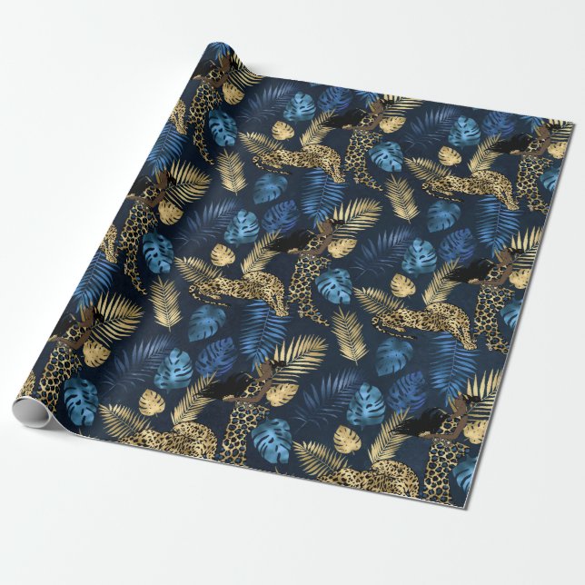 Blue Metallic Elegant Moderner Leopard Geschenkpapier (Ungerollt)