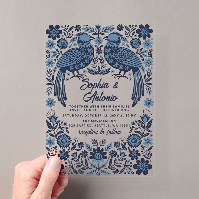 Blue Mexican Birds Otomi Floral Fiesta Wedding Acryleinladungen (Insitu (Handheld))