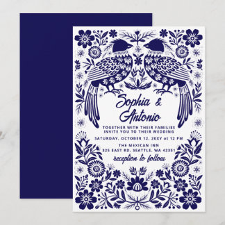 Blue Mexican Birds Otomi Floral Fiesta Wedding Einladung