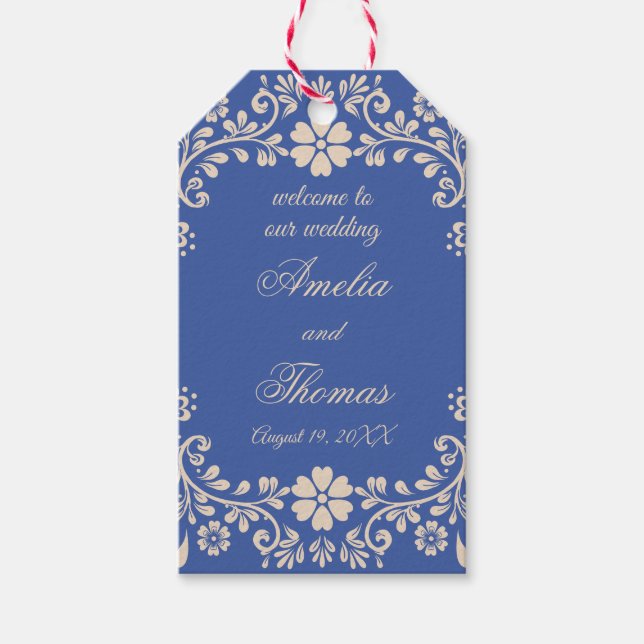 Blue Mexican Floral Wedding Willkommen Geschenkanhänger (Vorderseite)