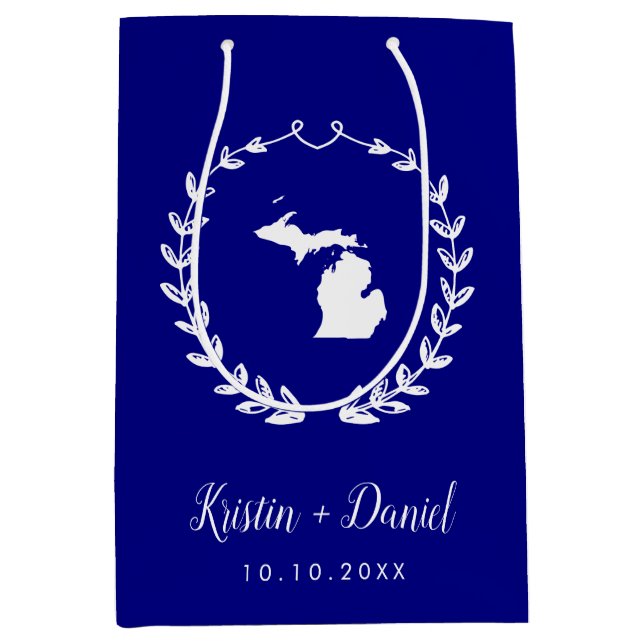 Blue Michigan Map Wedding Welcome Swag Mittlere Geschenktüte (Vorderseite)
