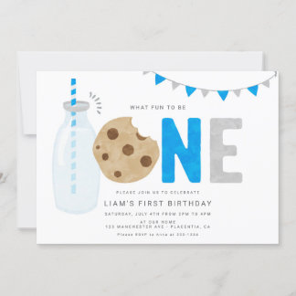Blue Milk and Cookies Erster Geburtstag Minimal Einladung