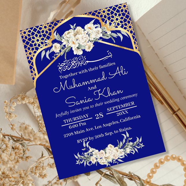 Blue Minimal Floral Gold Islamische Hochzeit Einladung (Von Creator hochgeladen)