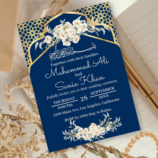 Blue Minimal Floral Gold Islamische Hochzeit Einladung (Von Creator hochgeladen)