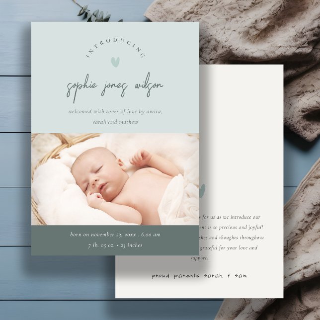 Blue Minimal Heart Script Foto Geburtsankündigung Dankeskarte (Von Creator hochgeladen)