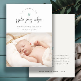 Blue Minimal Heart Script Foto Geburtsankündigung Dankeskarte