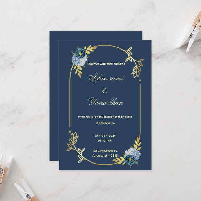 Blue minimalist Muslim wedding invitation Editable (Devant/Arrière en situation)