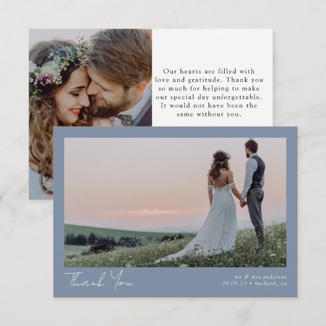 Blue Minimalistisch 2 Foto Calligraphy Wedding Dankeskarte (Vorne/Hinten)