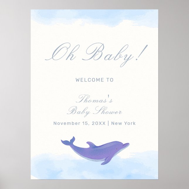 Blue Minimalistisch Boho Dolphin Baby Dusche Willk Poster (Vorne)