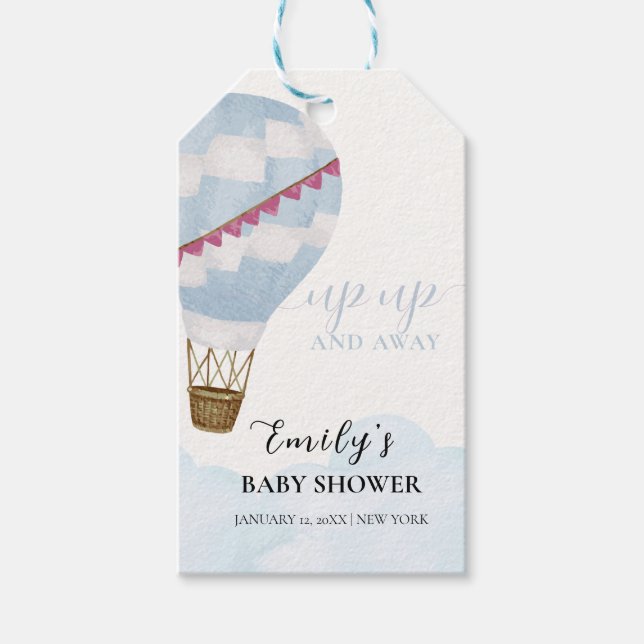 Blue Minimalistisch Boho Hot Air Ballon Babydusche Geschenkanhänger (Vorderseite)