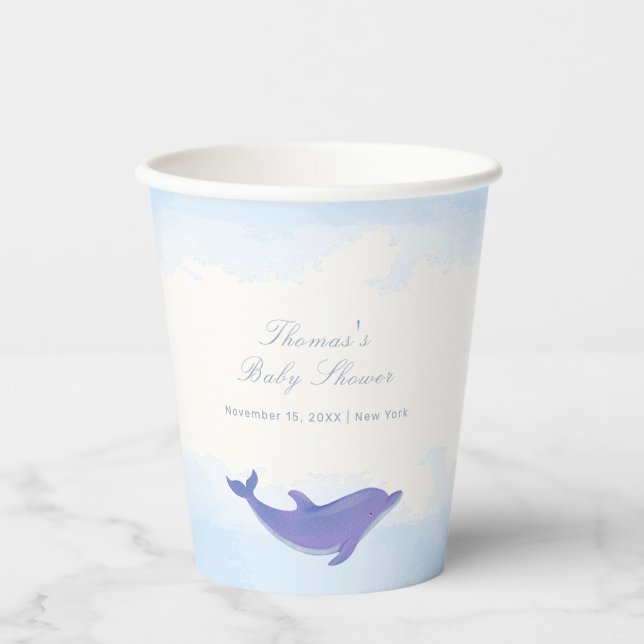 Blue Minimalistisch Boho Ocean Dolphin Baby Dusche Pappbecher (Vorderseite)