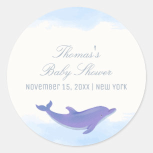 Blue Minimalistisch Boho Ocean Dolphin Baby Dusche Runder Aufkleber