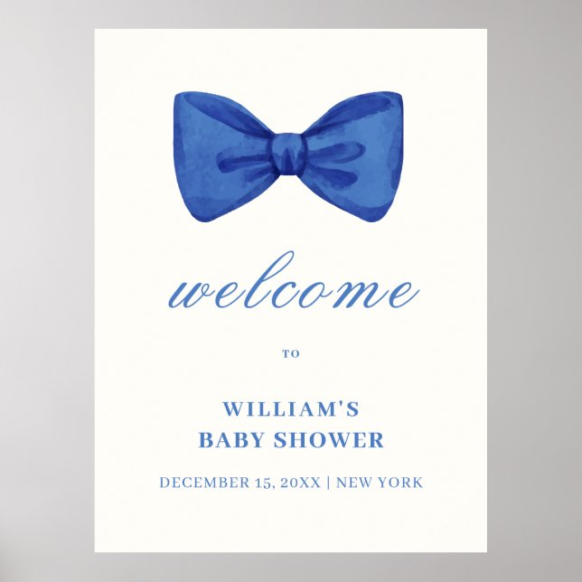 Blue Minimalistisch Bow Boy Baby Dusche Willkommen Poster (Vorne)