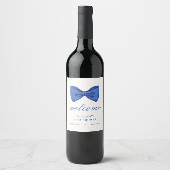 Blue Minimalistisch Bow Boy Baby Dusche Willkommen Weinetikett (Vorderseite)
