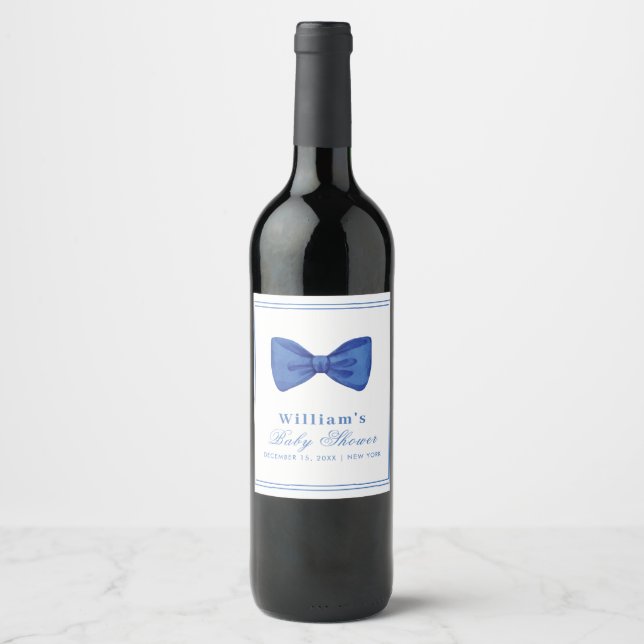 Blue Minimalistisch Bow Frame Baby Dusche Weinetikett (Vorderseite)