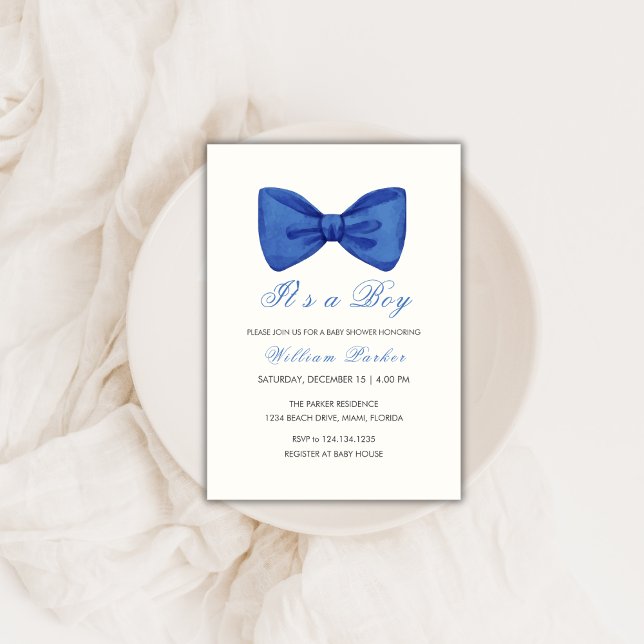 Blue Minimalistisch Bow Krawatte Boy Baby Dusche Einladung (Blue Minimalist Bow Tie Boy Baby Shower Invitation)