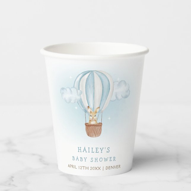 Blue Minimalistisch Bunny Hot Air Ballon Babydusch Pappbecher (Vorderseite)