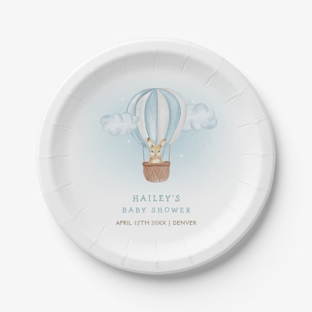 Blue Minimalistisch Bunny Hot Air Ballon Babydusch Pappteller (Vorderseite)