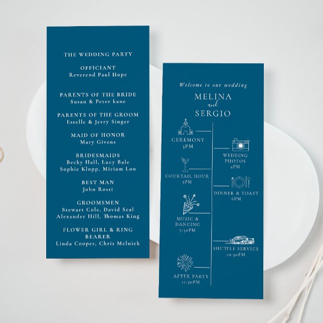 Blue Minimalistisch Calligraphy Timeline Wedding Programm (Von Creator hochgeladen)