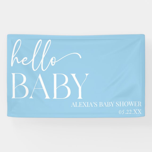 Blue Minimalistisch Hello Baby Dusche Banner (Horizontal)