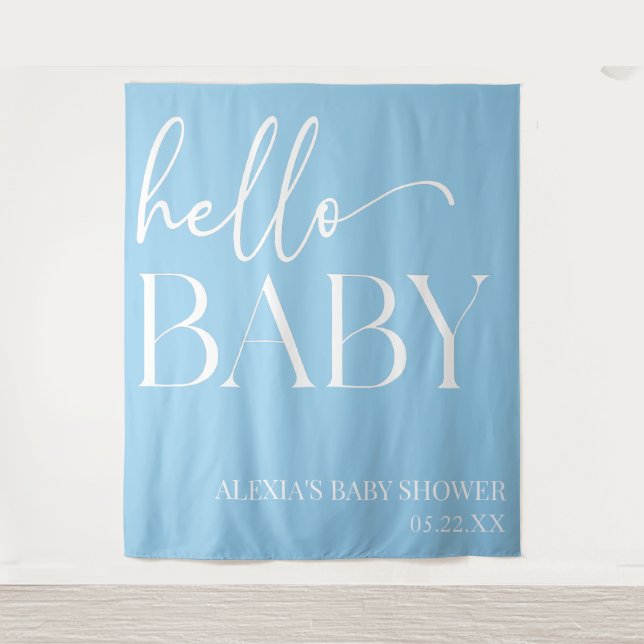 Blue Minimalistisch Hello Baby Dusche Wandteppich (Vorderseite)