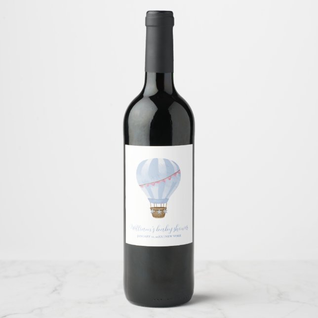 Blue Minimalistisch Hot Air Ballon Boy Baby Dusche Weinetikett (Vorderseite)