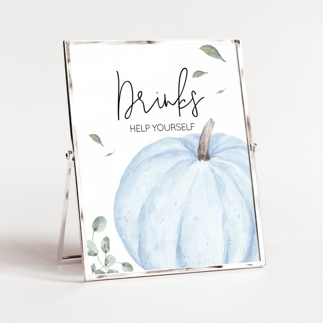 Blue Minimalistisch Pumpkin Baby Shower Drinks Poster (Watercolor Pumpkin Baby Shower Drinks Sign)