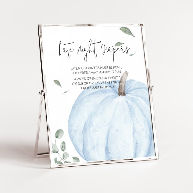 Blue Minimalistisch Pumpkin Spate Night Diapers Poster (Watercolor Pumpkin Baby Shower Late Night Diapers Sign)