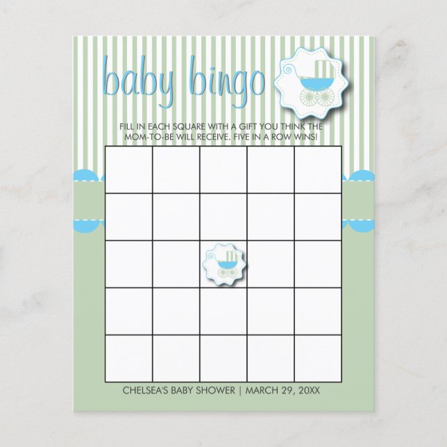 Blue & Mint Green Baby Buggy Dusche - Bingo Flyer (Vorne)