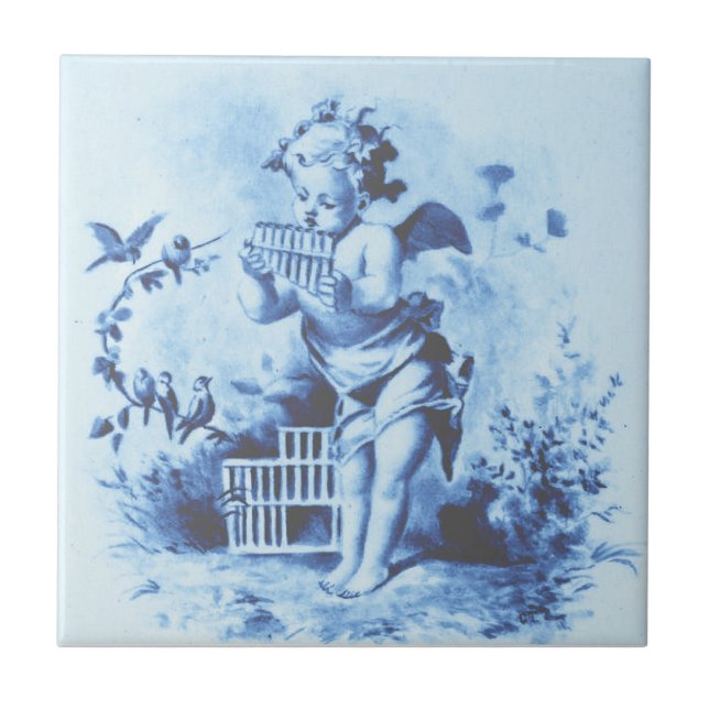 Blue Minton Cherub mit Pan Pipes & Birds Repro Fliese (Vorderseite)