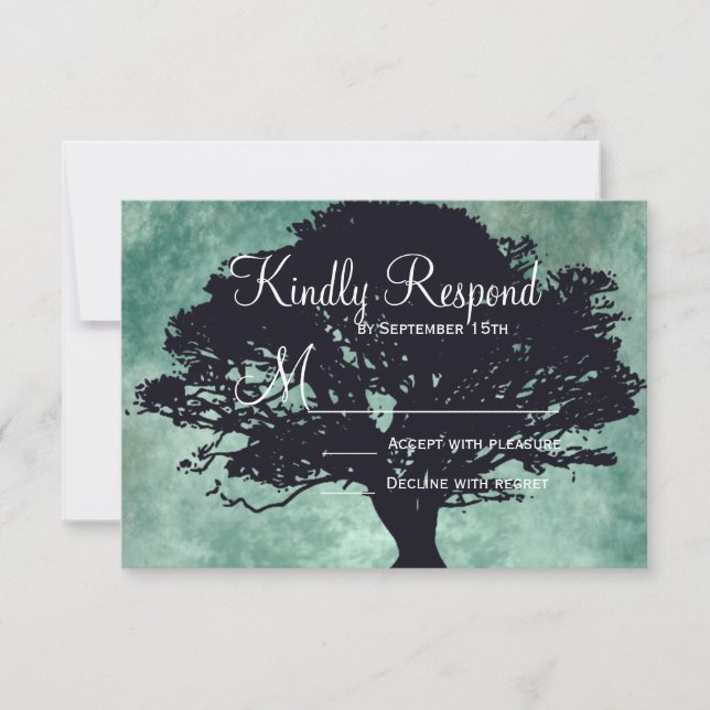 Blue Mist Oak Tree Silhouette Hochzeit RSVP Karten (Vorderseite)
