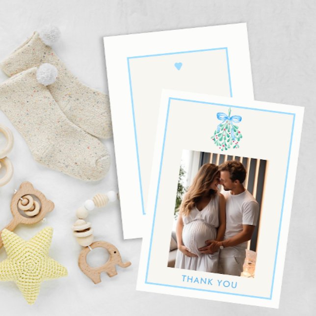 Blue Mistletoe Baby Dusche Danke Karte (Baby Boy Under The Mistletoe Baby Shower Thank you Card)
