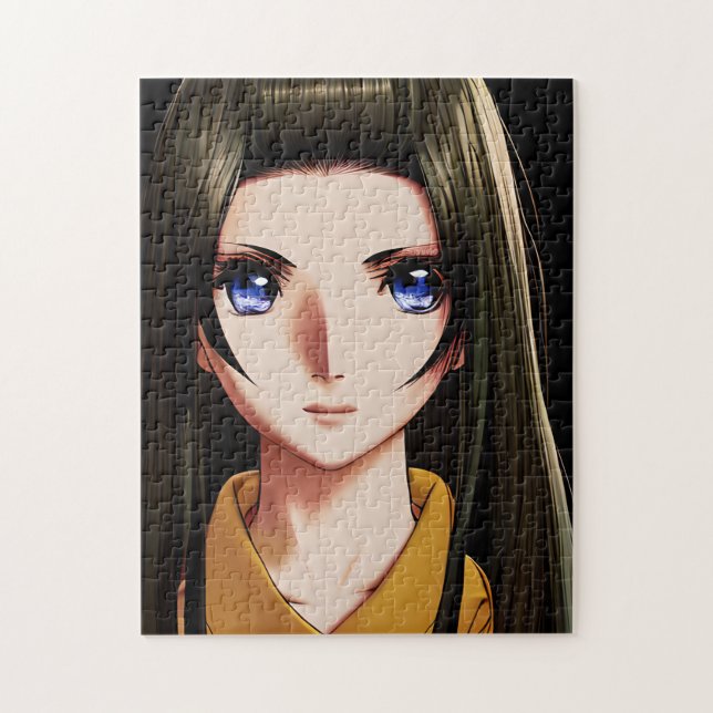 Blue Mit Augen Brünett Anime Girl Cartoon (Vertikal)