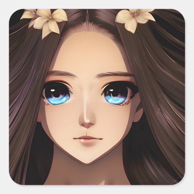 Blue Mit Augen Brünett Anime Girl Quadratischer Aufkleber (Vorderseite)