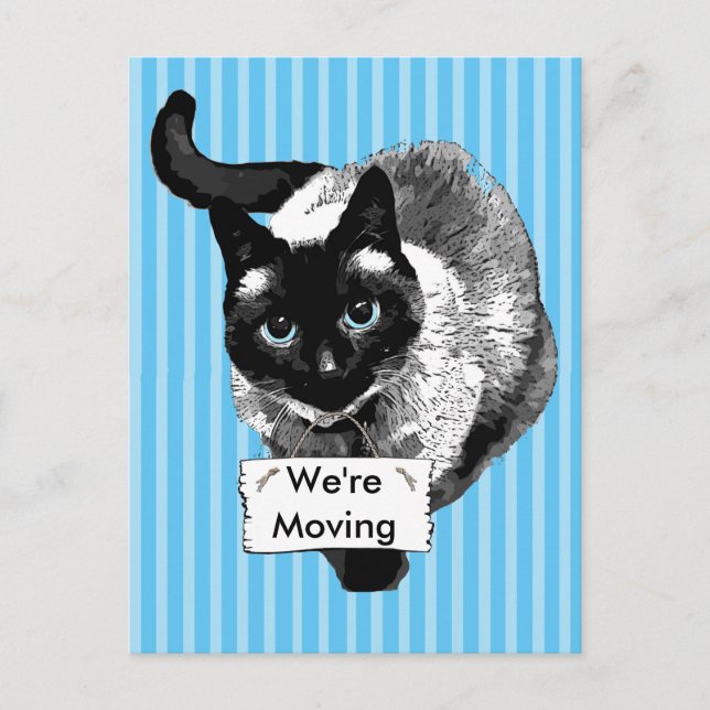Blue Mit Augen Siamese Cat Holding "Wir bewegen Si Ankündigungspostkarte (Vorderseite)