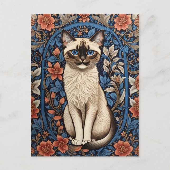 Blue Mit Augen Siamese Cat William Morris Inspirie Postkarte (Vorderseite)